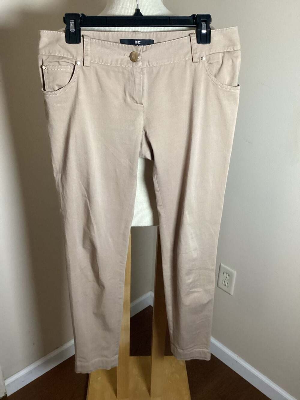 Elisabetta Franchi Skinny Pants Size 44 Beige Twill Mid Rise Trousers